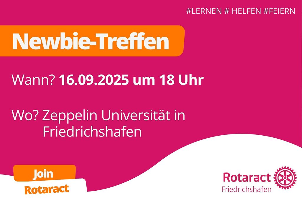 Du hast Lust, neue Leute kennenzulernen? Dann komm' zu unserem Newbie-Treffen! Wir freuen uns auf dich!
Wann? 16.09.2025 um 18 Uhr
Wo? auf dem Gelände der Zeppelin Universität in Friedrichshafen